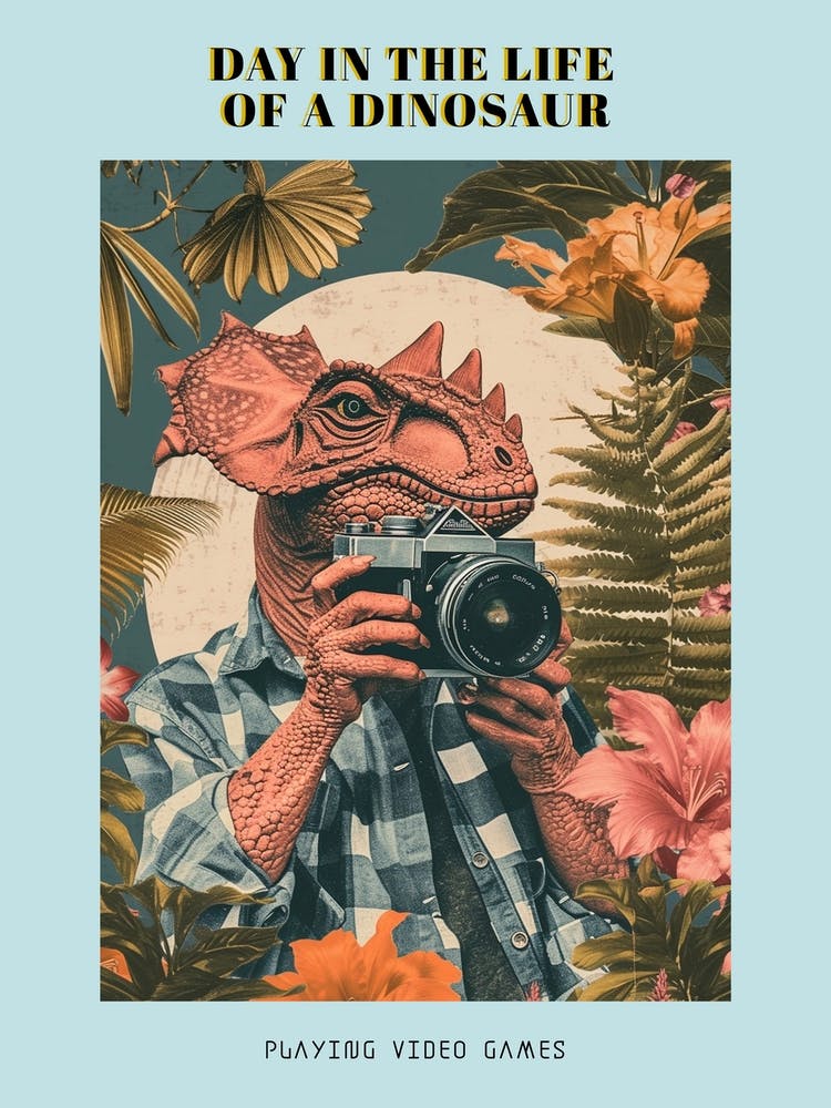Retro Collage Dinosaur Taking A Photo On An Analogue Camera 2 Poster