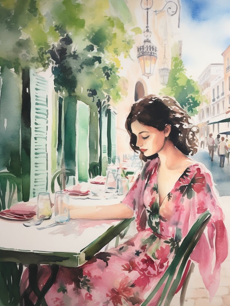 At A Cafe In Faro Portugal Watercolour