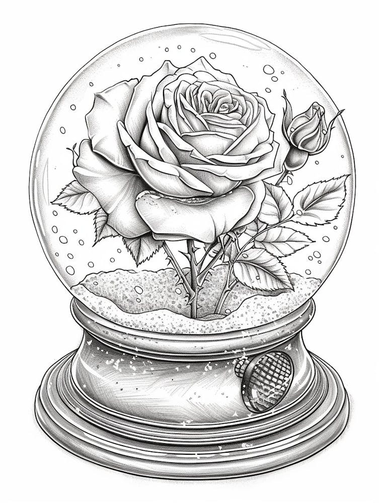 Rose In A Snow Globe Line Drawing 1