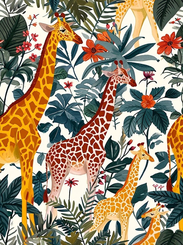 Giraffes In The Leaves Watercolour Illustration 1