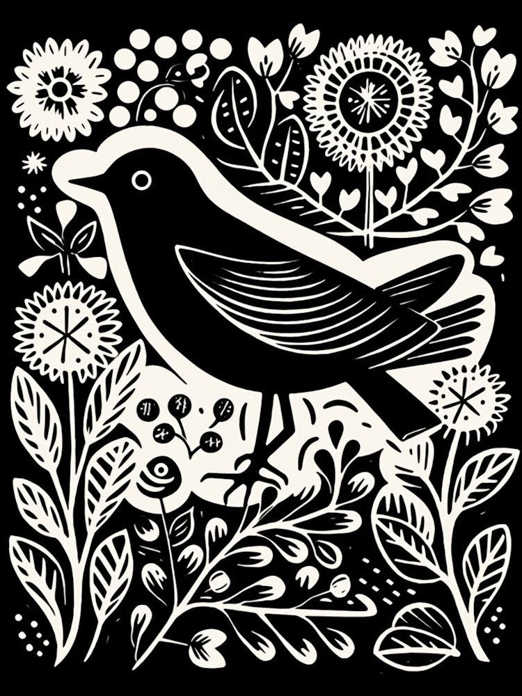 B&W Bird Linocut Blackbird 2