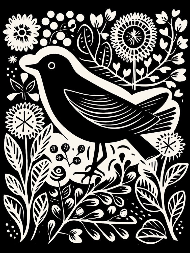 B&W Bird Linocut Blackbird 2