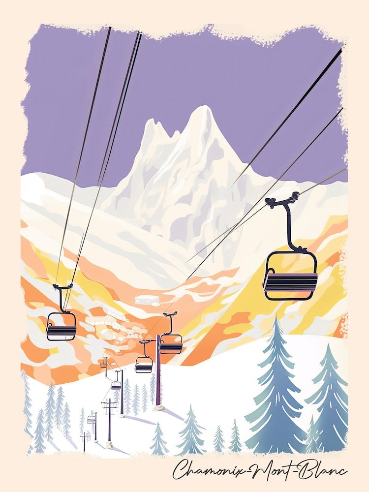 Poster Of Chamonix Mont Blanc   France, Ski Resort Pastel Colours Illustration 2