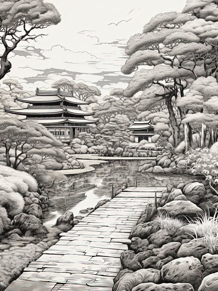 Rikugien Garden In Tokyo, Ukiyo E Black And White Line Art Drawing 1