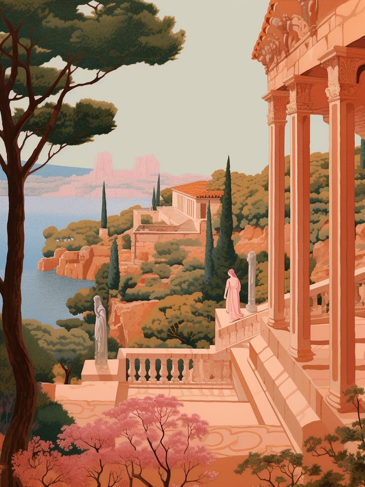 Mallorca Spain 3 Vintage Pink Travel Illustration