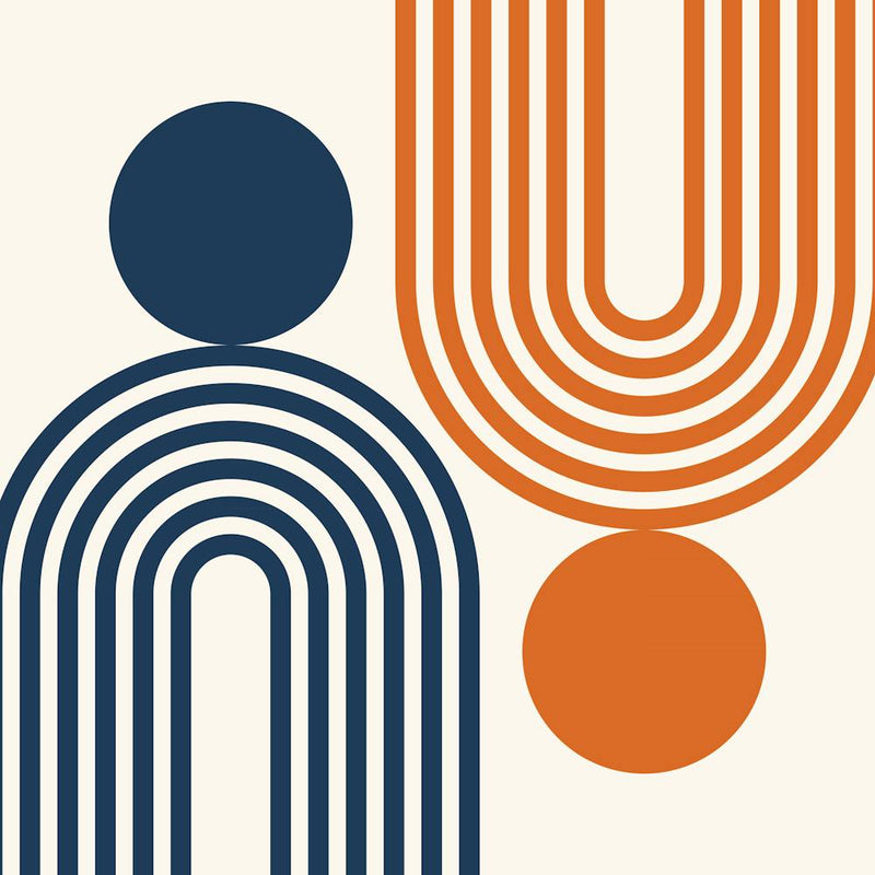 Mid Century Modern Geometric 461 In Navy Blue And Orange Rainbow And Sun Abstraction 02