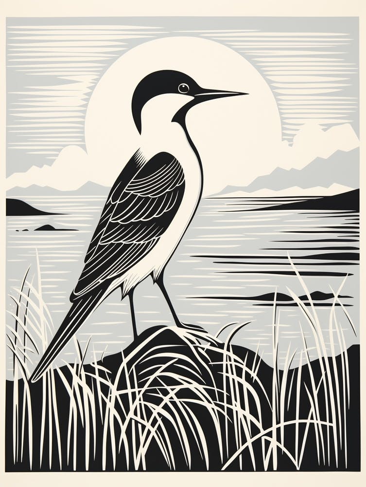 B&W Bird Linocut Common Tern 2