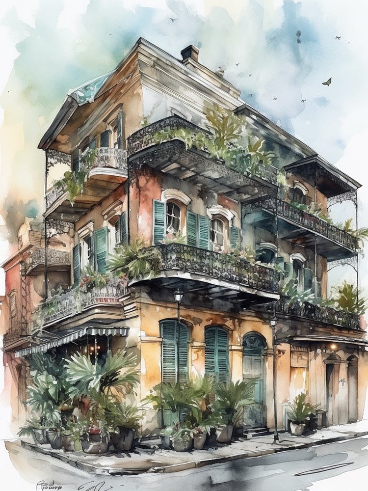 French Quarter New Orleans Neighborhood, Watercolour 3