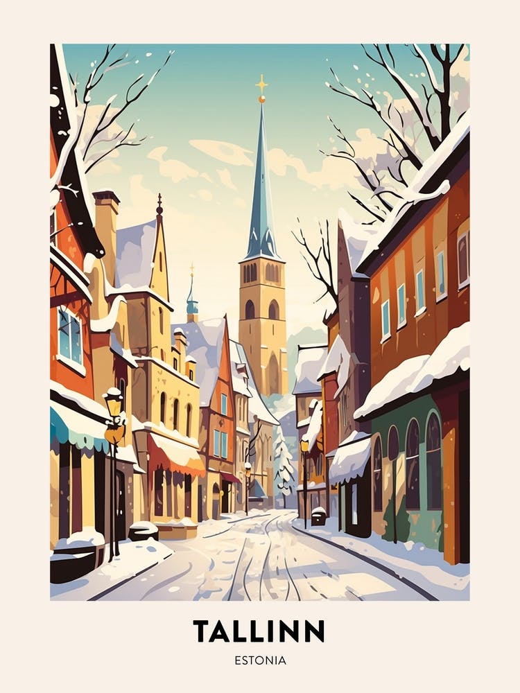 Vintage Winter Travel Poster Tallinn Estonia 2