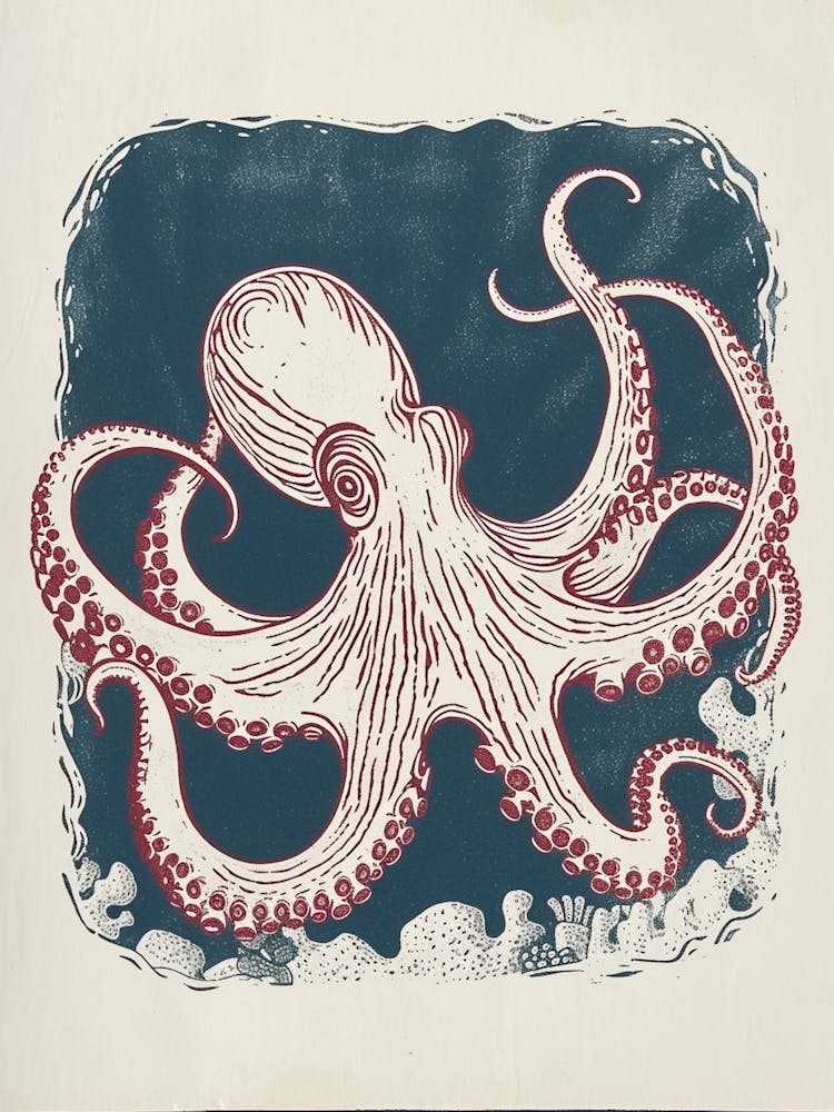 Red & Blue Octopus Retro Linocut Inspired 7