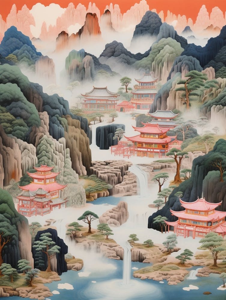 Mountains And Hot Springs Japanese Style Illustration 14