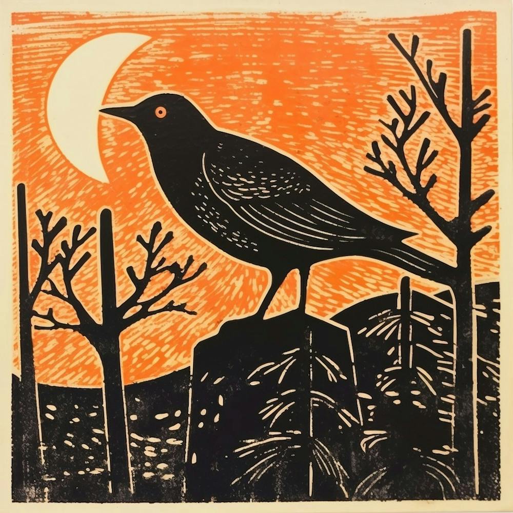 Retro Bird Lithograph Blackbird 1