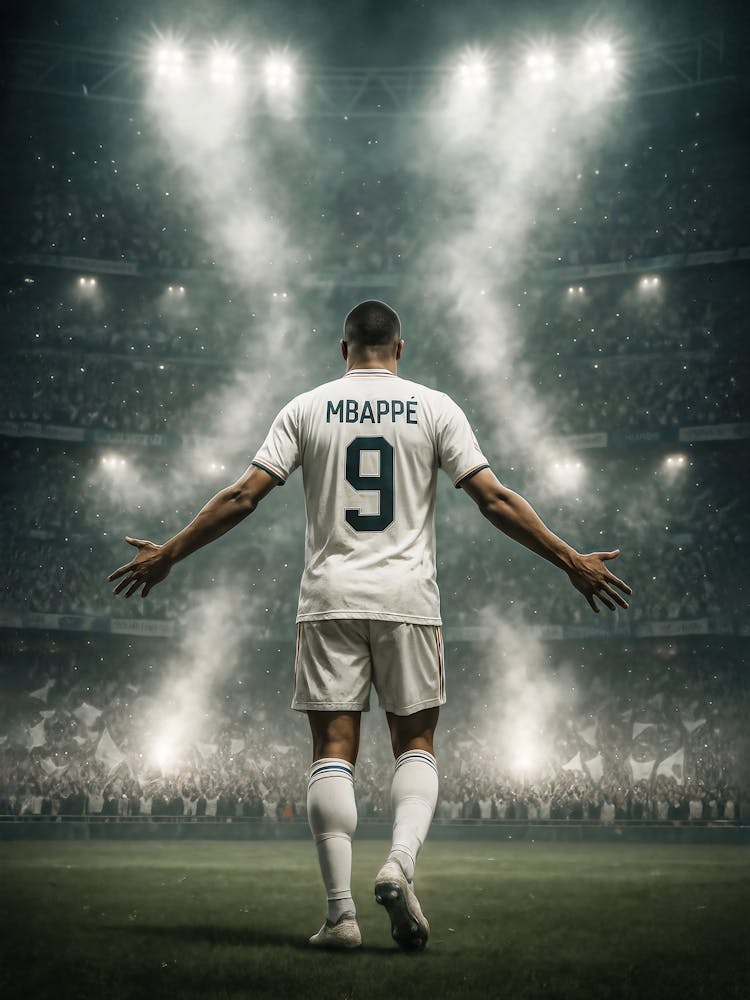 Mbappé Poster – Real Madrid's French Superstar: Mbappé in motion – full of energy, drama, and goal-scoring brilliance. From France to Real Madrid, this football poster celebrates the striker’s rise through La Liga, world cups, and champions league nights under stadium lights.