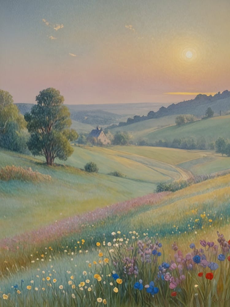 Nebliger Sonnenuntergang auf der Wiese