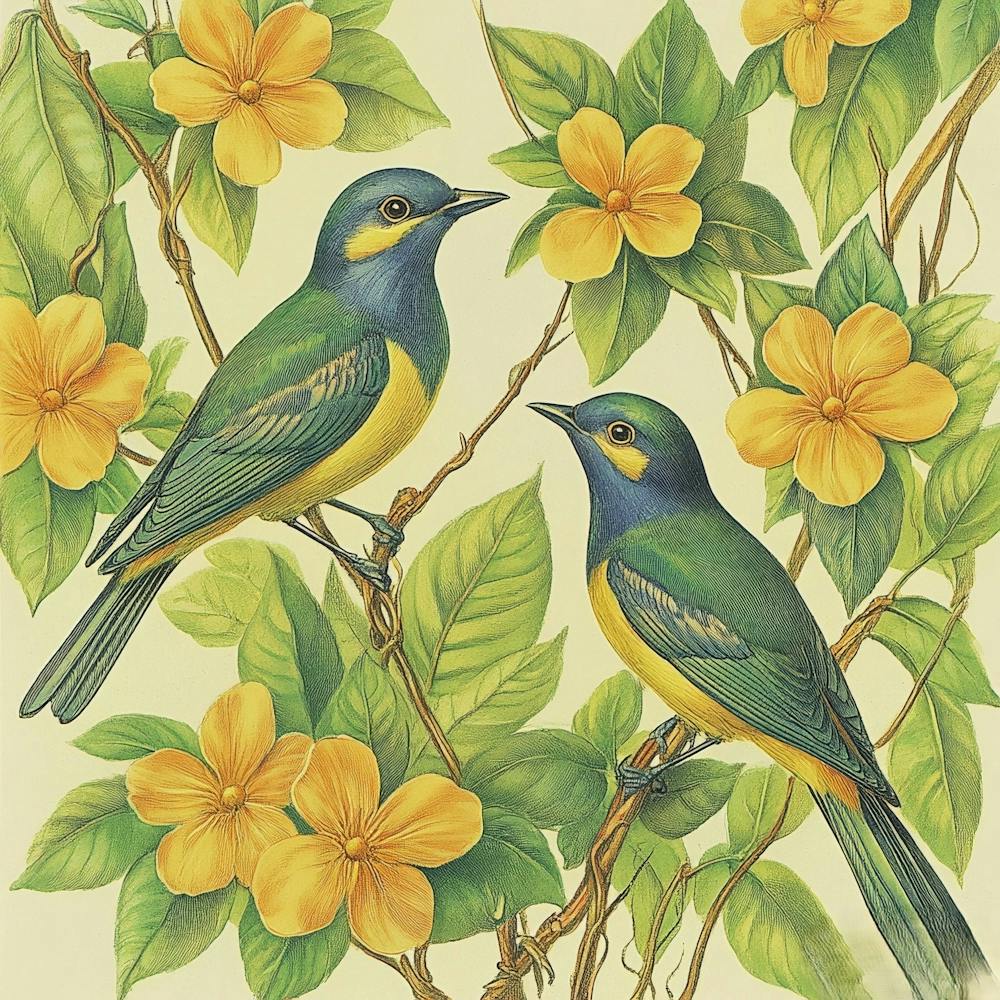 Two Birds Perched On A Branch Art