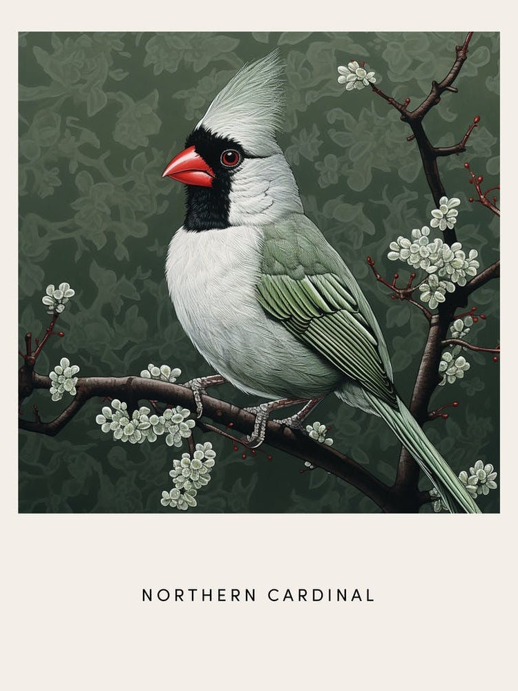 Ohara Koson Inspired Bird Painting Northern Cardinal 3 Poster
