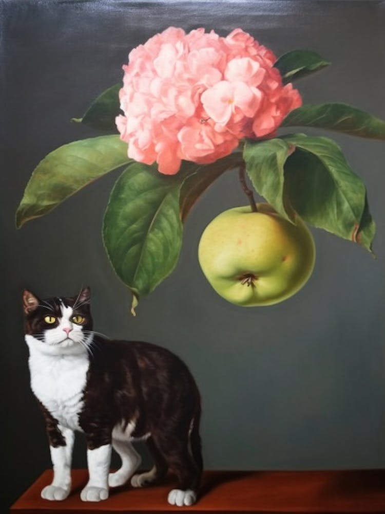 Painting Of A Still Life Of A Apple Blossom With A Cat, Realism 1