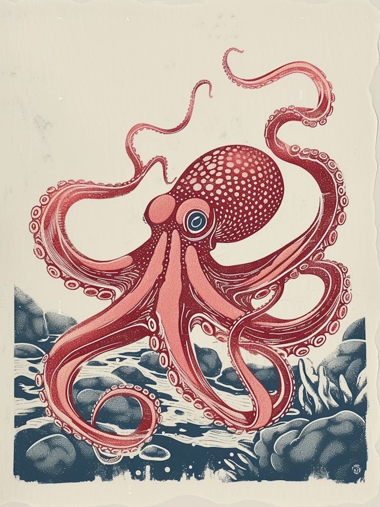 Red Octopus Linocut On The Ocean Floor Linocut Inspired 1
