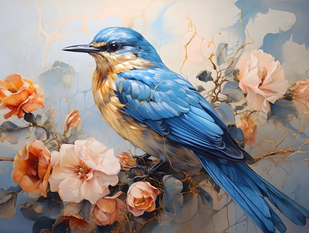 Blue Bird and Flowers