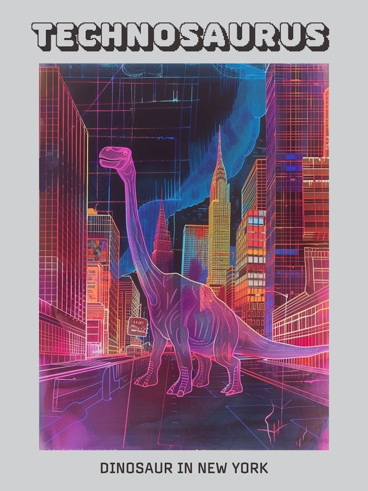 Neon Delicate Linework Dinosaur In New York Poster