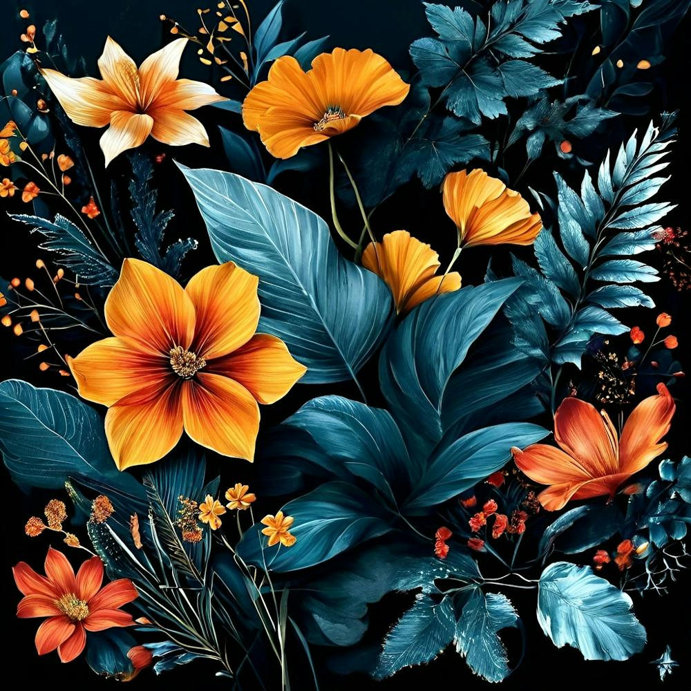 Draw A Composition Of Different Types Of Leaves And Flowers Floating On A Dark Background Use A (1)