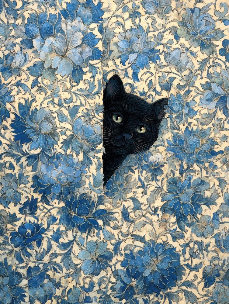 Black Cat In Blue Flowers 13