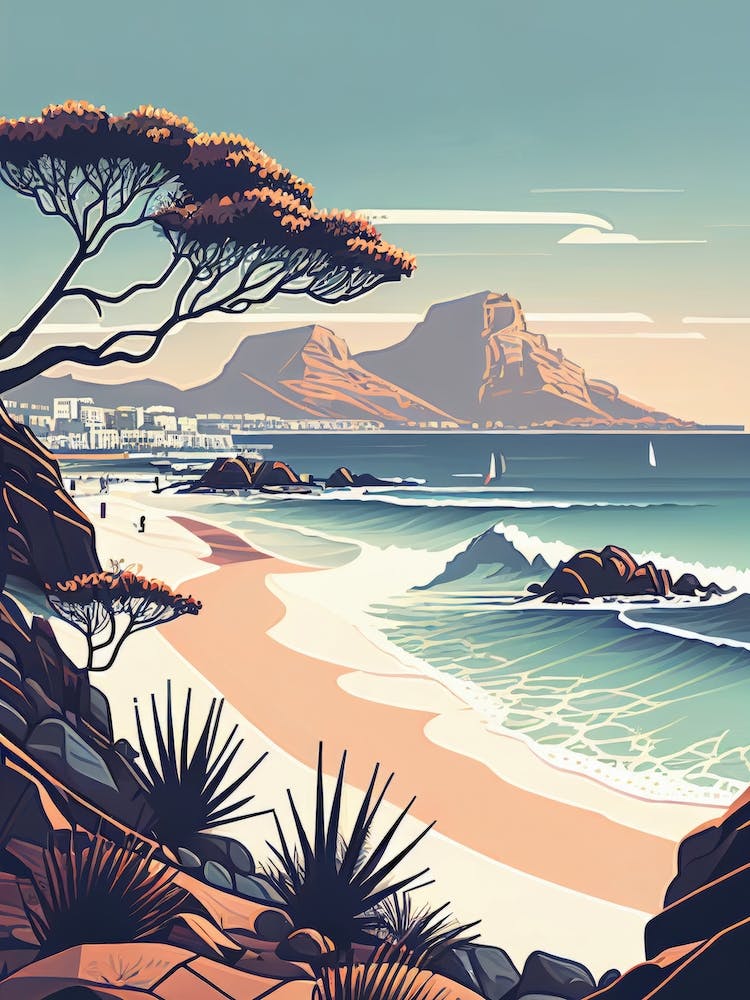 Capetown And Table Mountain In The Morning Mist - Retro Landscape Beach and Coastal Theme Travel Poster
