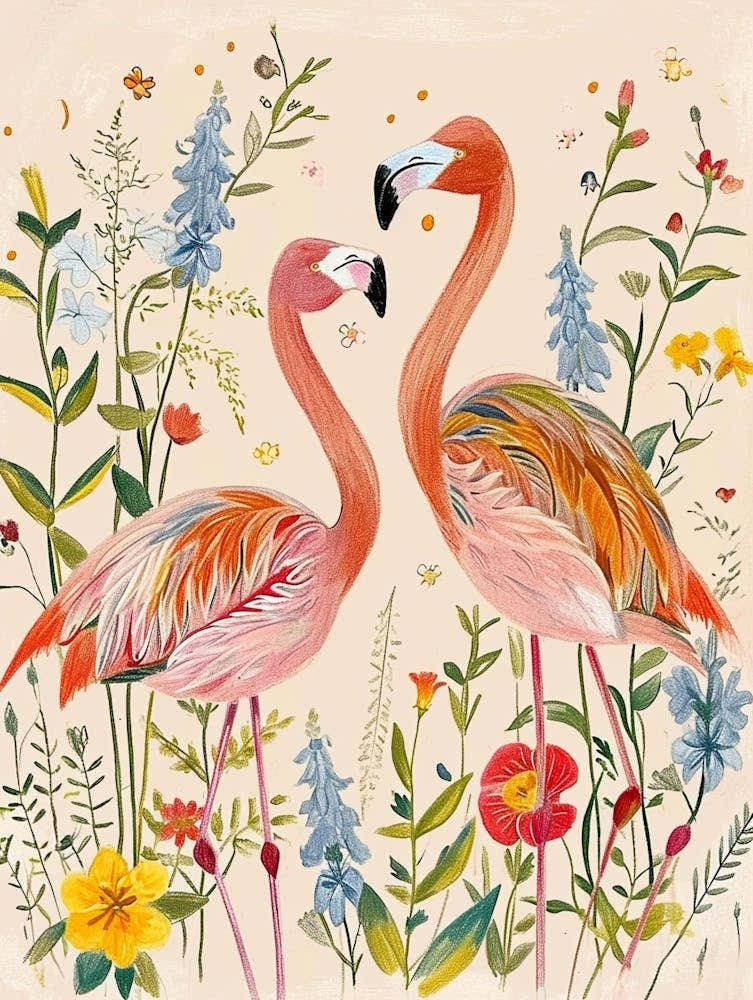 Folksy Floral Animal Drawing Flamingo 2