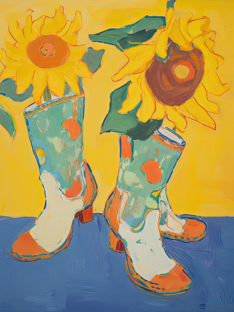 Painting Of Sunflower Flowers And Cowboy Boots, Oil Style 1