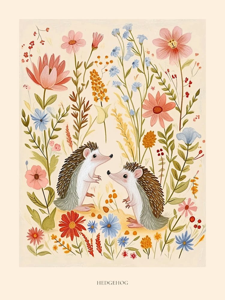Folksy Floral Animal Drawing Hedgehog 2 Poster