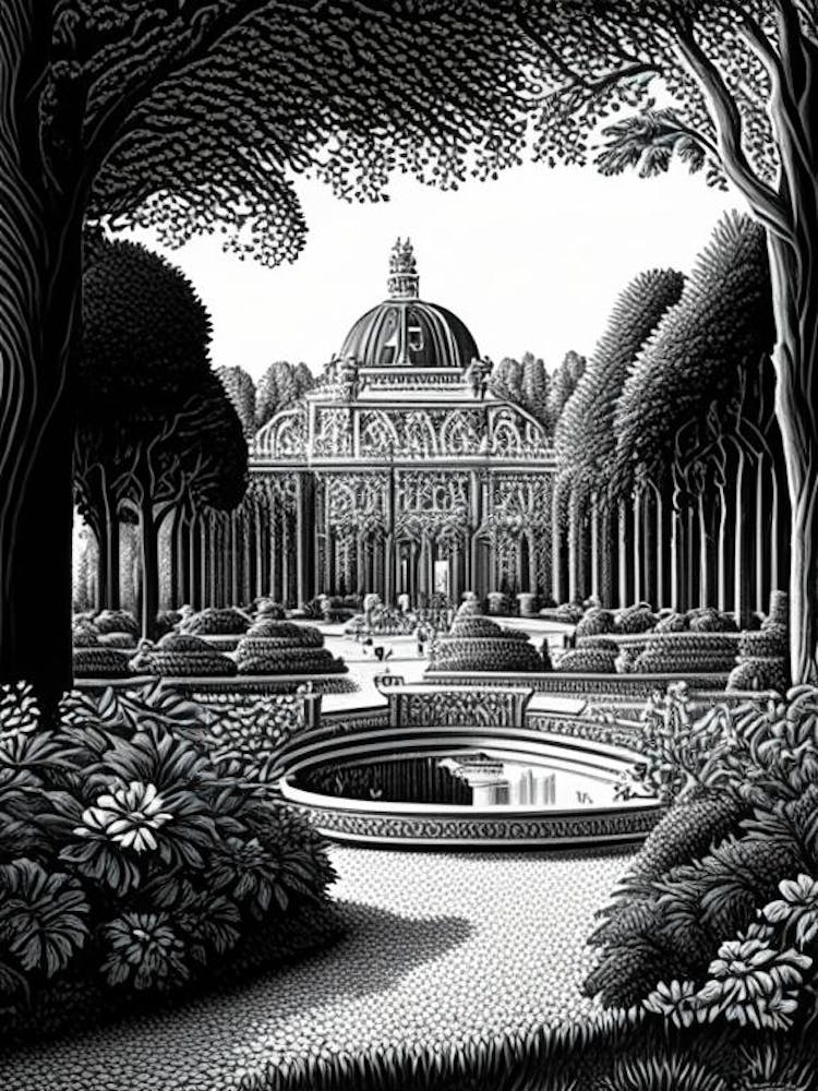 Park Of The Palace Of Versailles, 1, France Linocut Black And White Vintage