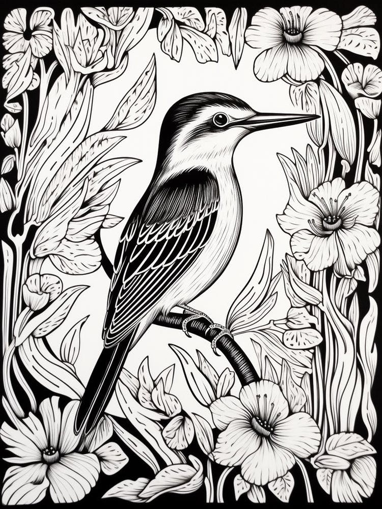 B&W Bird Linocut Kingfisher 4