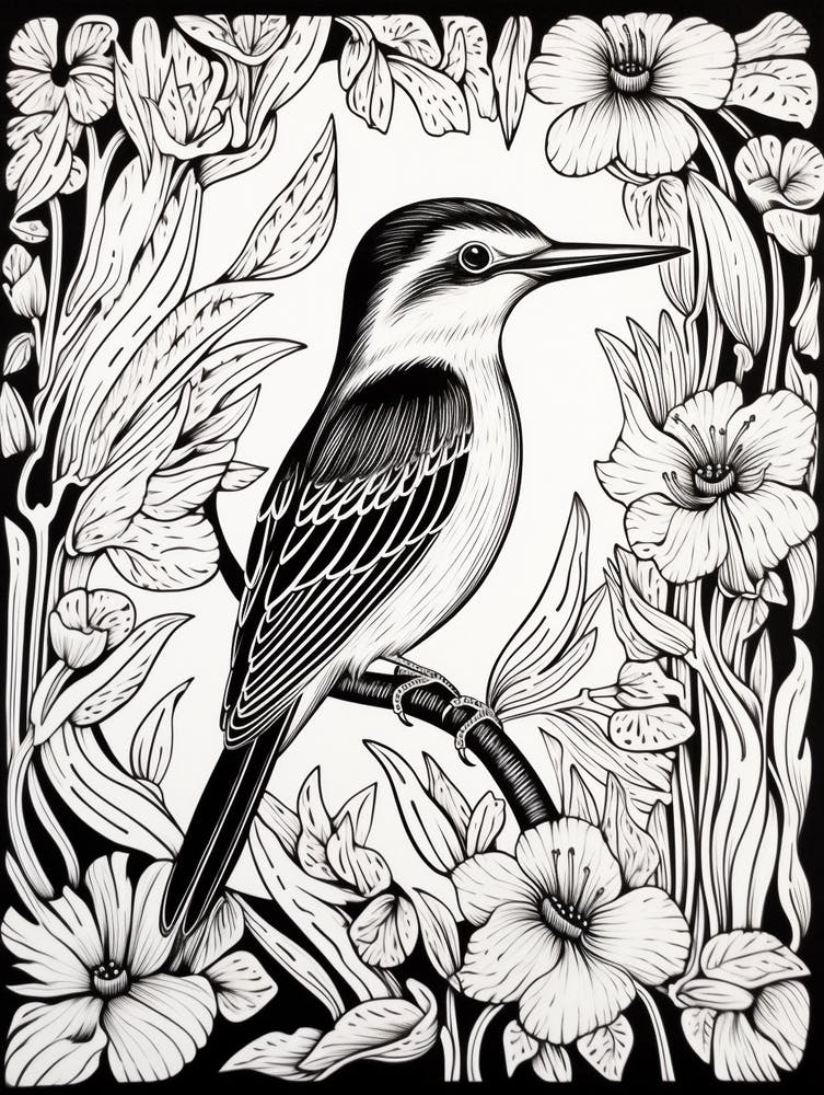 B&W Bird Linocut Kingfisher 4