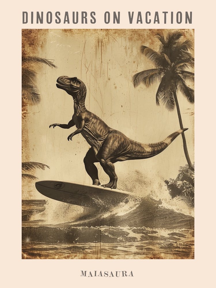 Vintage Maiasaura Dinosaur On A Surf Board 3 Poster