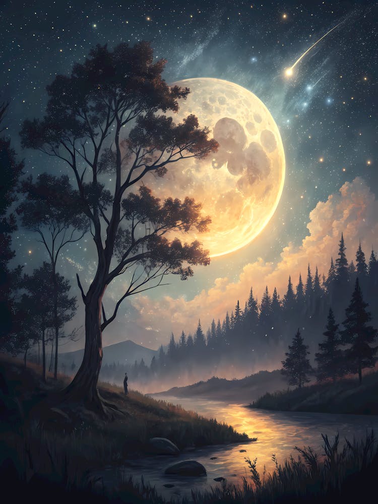 Ölgemälde Stil Mondlicht Wald Fluss Kosmische Nachtlandschaft