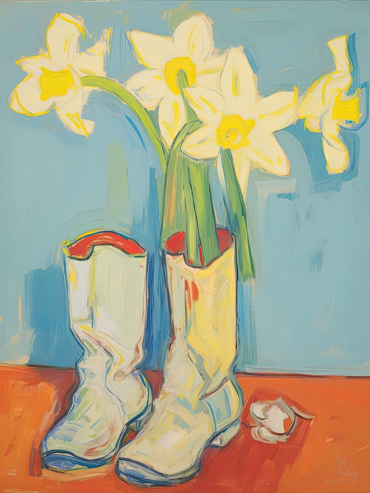 A Painting Of Cowboy Boots With Daffodil Flowers, Pop Art Style 7