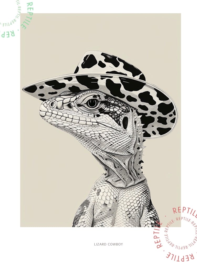 Lizard In A Cow Print Cowboy Hat Detailed Illustration Poster