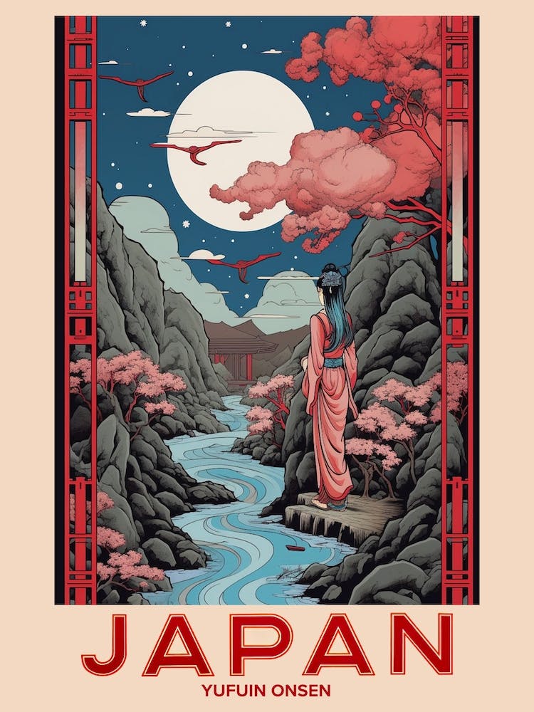 Yufuin Onsen, Visit Japan Vintage Travel Art 1