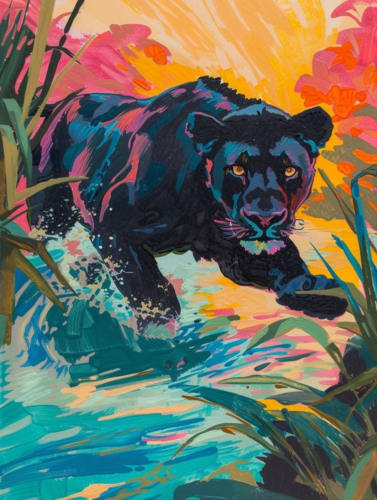 Black Lion Crossing A River Fauvist Painting 1