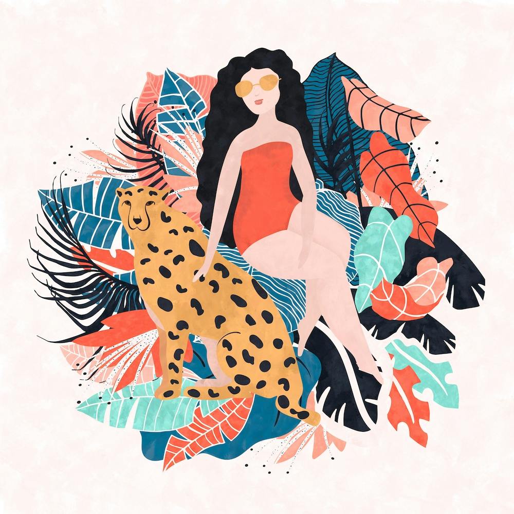 Black Hair Tropical Girl With Cheetah