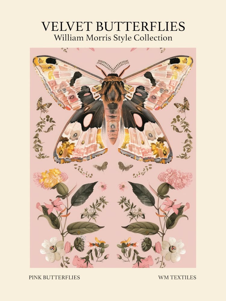 Velvet Butterflies Collection Pink Butterflies William Morris Style 8