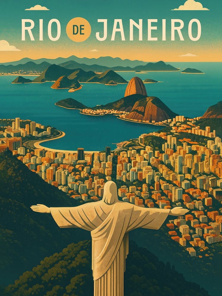 Rio de Janeiro Travel Poster Brazil – Christ & Sugarloaf Sunset: A colorful view of Rio with Christ the Redeemer, Sugarloaf Mountain, and coastal cityscape. This Latin American travel poster captures Brazil’s tropical rhythm and urban beauty.
