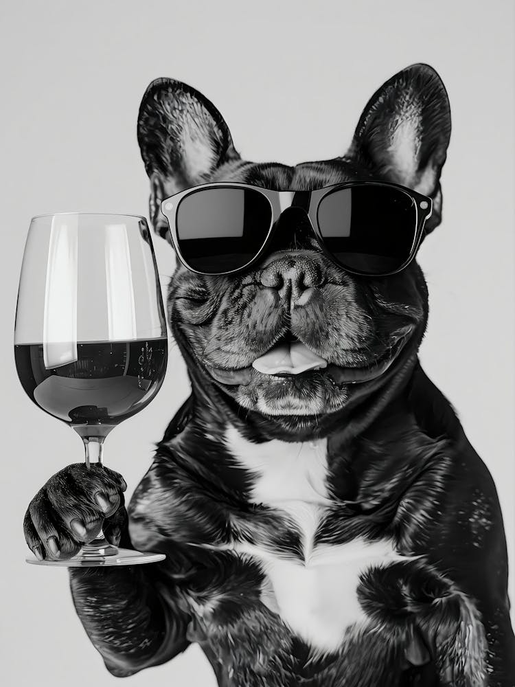 French Bulldog Holding Wine Wall Art, Black Frenchie, Black And White Print, Bar Cart Print, Alcohol Print, Funny Dog Poster, Kitchen Decor