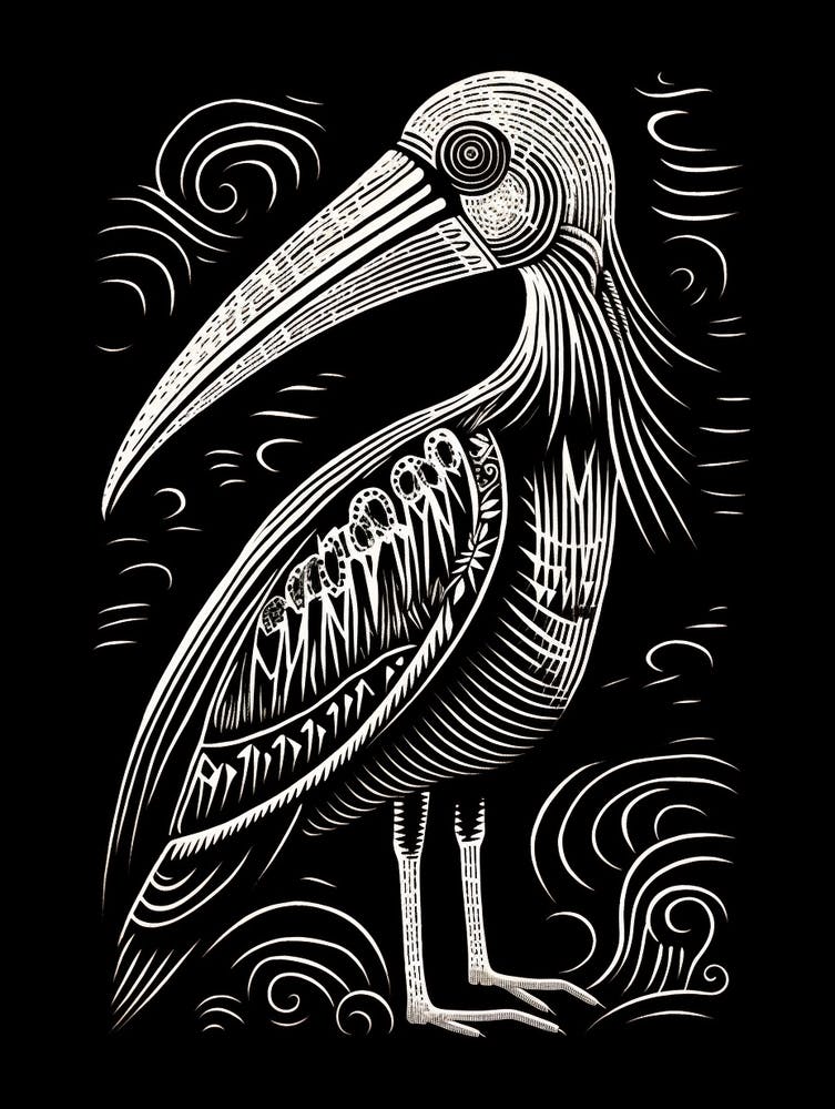Linogravure d'oiseau N&B - Pélican 2
