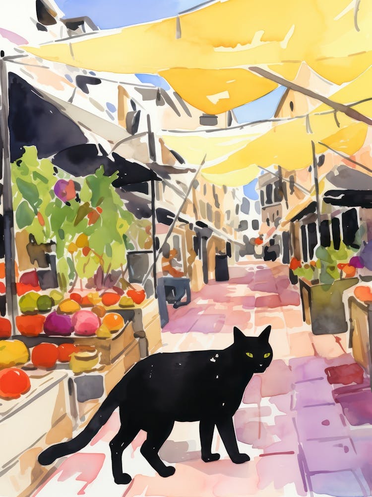 Food Market With Cats In Ibiza 3 Watercolour