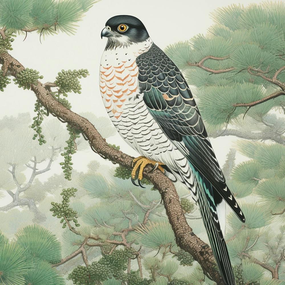 Ohara Koson Inspired Bird Painting Eurasian Sparrowhawk 3 Square