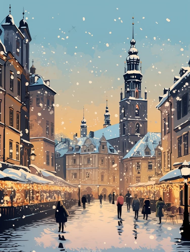 Winter Travel Night Illustration Krakow Poland 4