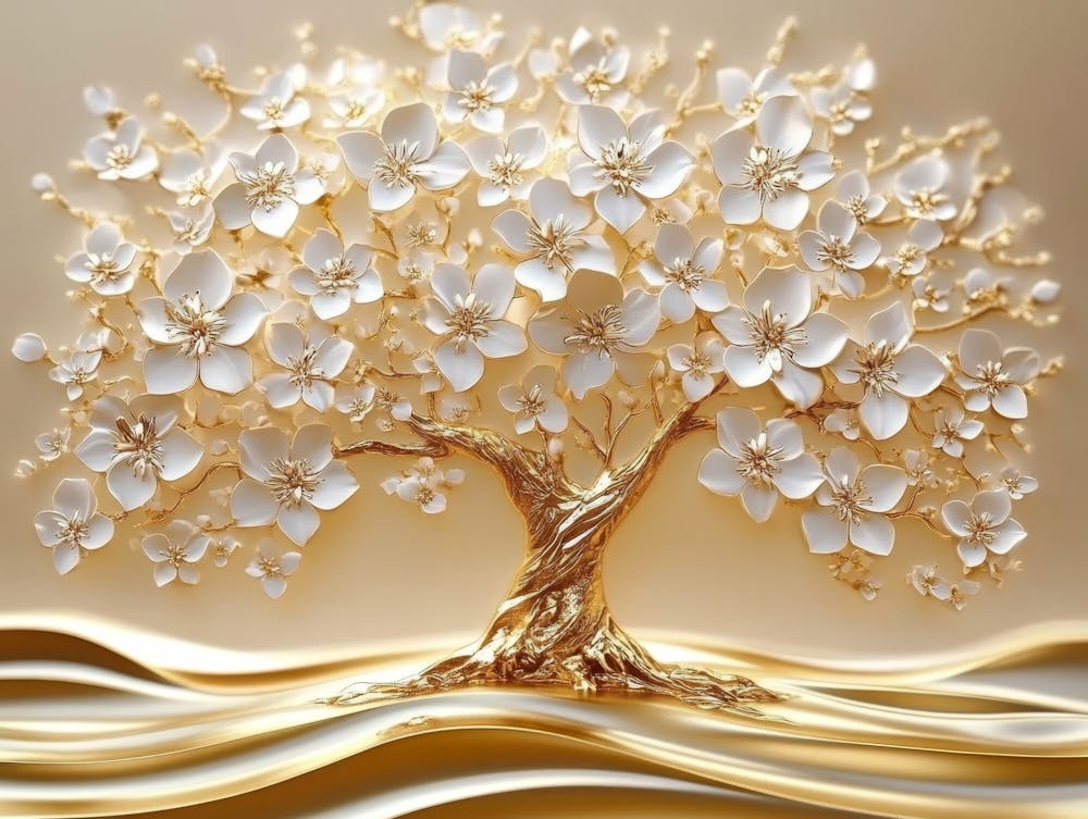 3D Kunst Goldener Lebensbaum Mit Weißen Blumen