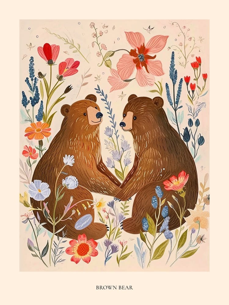Folksy Floral Animal Drawing Brown Bear 4 Poster