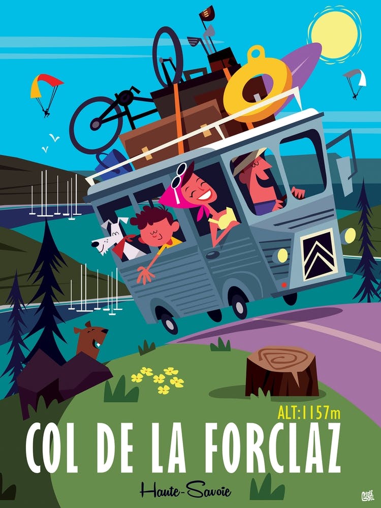 Col De La Forclaz Camper Van Poster Green & Blue